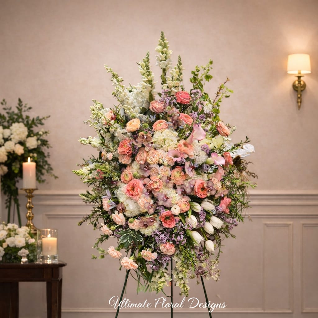 Large pastel floral standing arrangement with roses and lilies