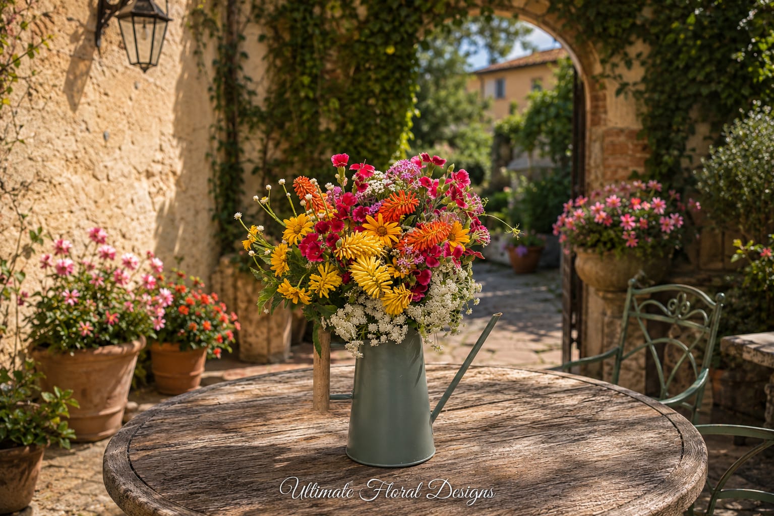 Italian Garden Wildflower - A cheerful garden-style floral arrangement by Ultimate Floral Designs in Great Falls, VA, designed in a rustic watering can and styled in an Italian garden setting with a romantic ivy arch. This bright and natural design features yellow, orange, pink, and white wildflower-inspired blooms with soft greenery, creating a fresh countryside look perfect for spring and summer flowers, garden parties, birthday gifts, outdoor events, and charming home décor.  Ultimate Floral Designs creates custom floral arrangements, luxury gifts, wedding flowers, and event designs throughout Great Falls, McLean, Vienna, Reston, Arlington, Washington DC, Potomac, Bethesda, and Northern Virginia. 