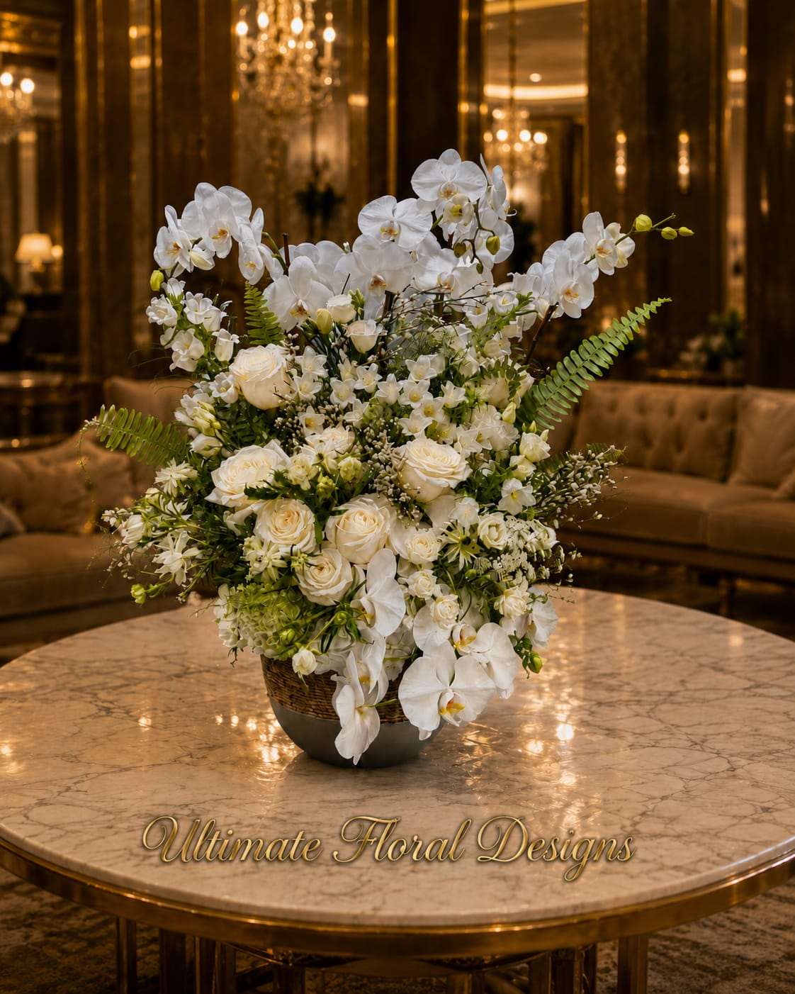White orchids and roses arranged in a low bowl on a marble table