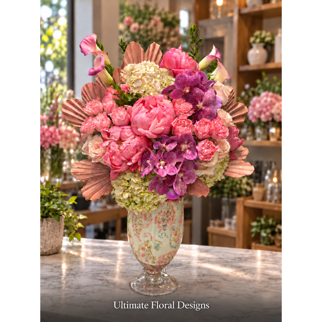 Pink and purple floral arrangement in a decorative glass vase