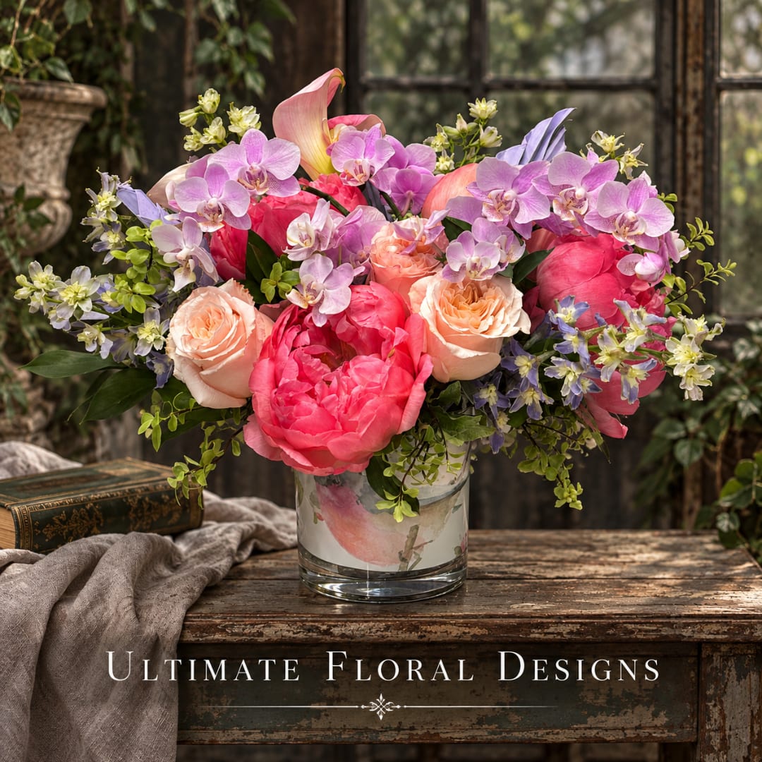 Pink and lavender floral arrangement in a glass vase on a rustic table
