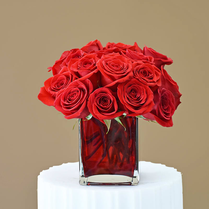Red roses arranged in a square glass vase with red water