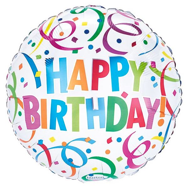Round birthday balloon with colorful "HAPPY BIRTHDAY" text