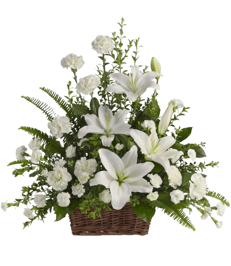 White lilies and carnations in a wicker basket