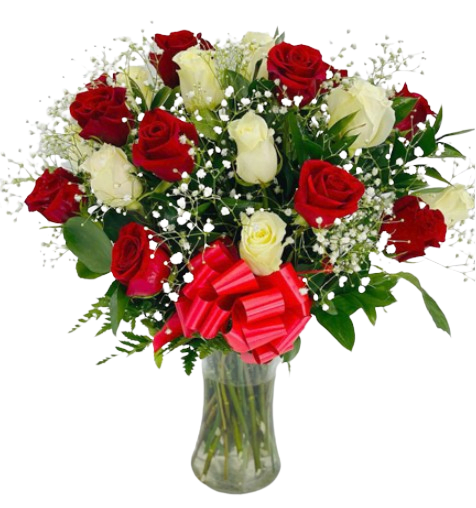 Arrangement of red and white roses with baby's breath in a clear glass vase with a red bow