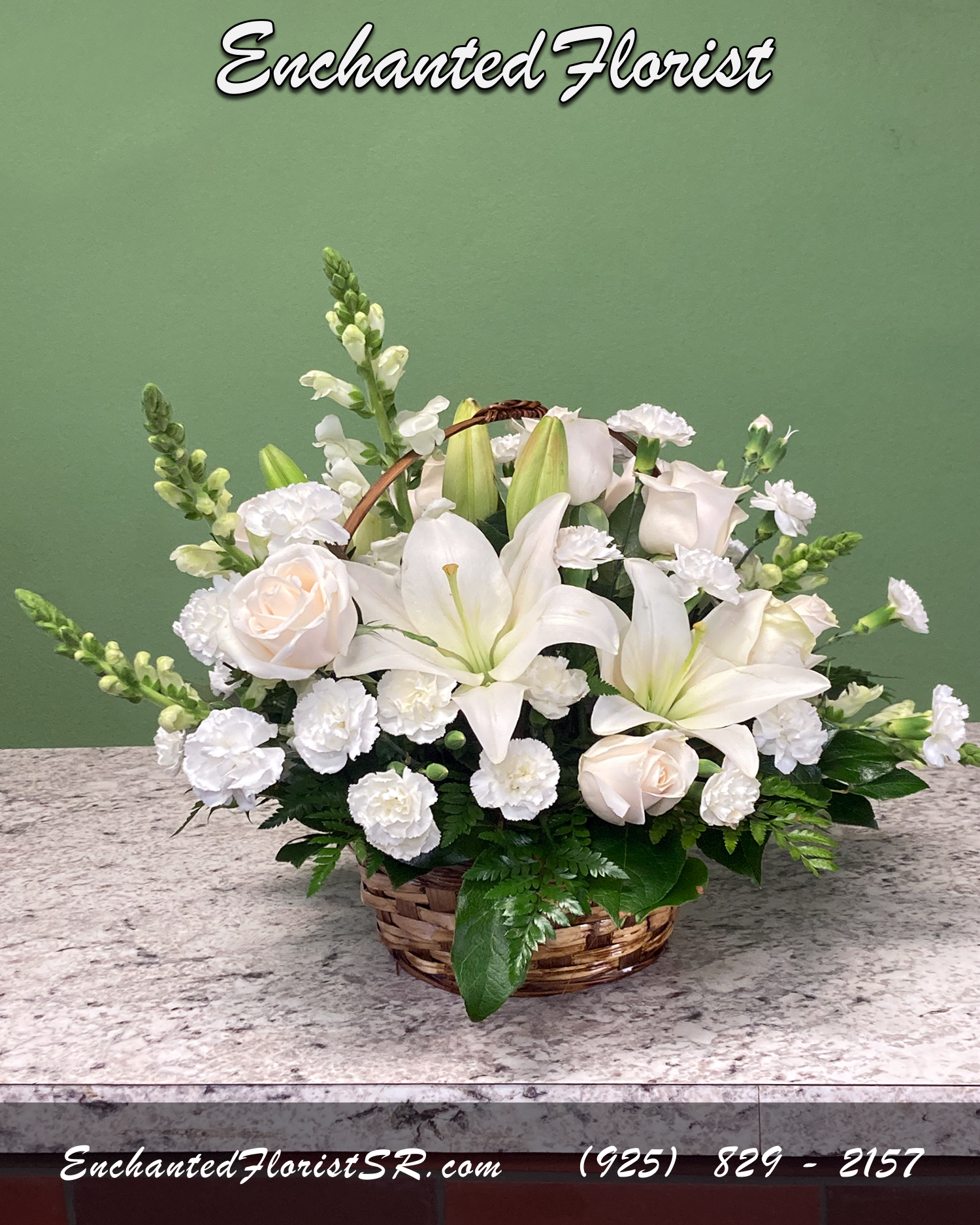 Basket of Light - Flower Basket - A tranquil mixed arrangement that arrives in a natural wicker basket, showcasing pristine all-white flowers and designed to bring a touch of luminance to the hearts of those in your thoughts.  Basket of Light makes a thoughtful gift for any occasion and features all-white Roses, Astatic Lillies, Snapdragons, Carnations and Spray-Roses.  Arrives In: Natural round wicker basket with handle  Orientation: Any-Sided  Approximate Dimensions (Standard): Height: 10" Width: 14" Basket Diameter: 6"  Approximate Dimensions (Premium): Height: 16" Width: 18" Basket Diameter: 14"