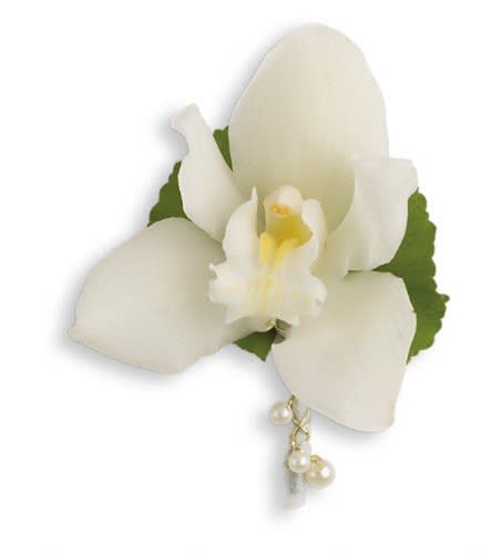 White orchid corsage with pearl accents