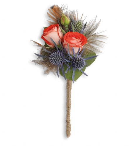 Small bouquet with coral roses and blue thistle on a wrapped stem