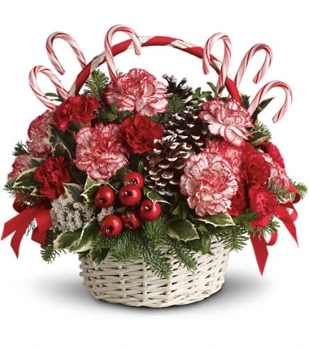 Holiday basket of red carnations with candy canes and pinecones