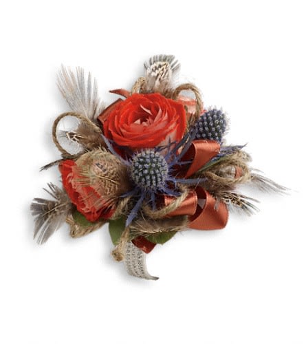 Small bouquet with red roses and dried grasses on a white background