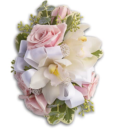 Pink roses and white orchids arranged with a white ribbon
