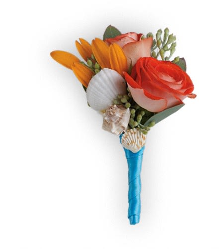 Small boutonniere with orange and coral flowers and seashell accents