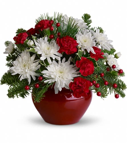 Red and white flowers in a red vase with evergreen accents