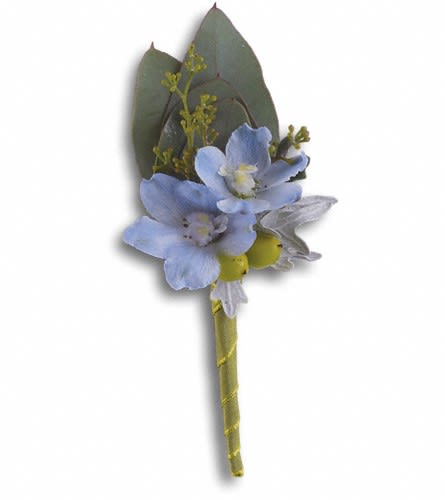 Small blue flower boutonniere with dark leaves and a wrapped stem