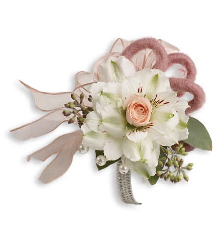 White lily and peach rose corsage with pink ribbon