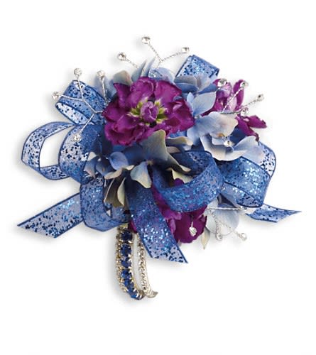 Purple and blue corsage with glittery ribbon and jeweled accents
