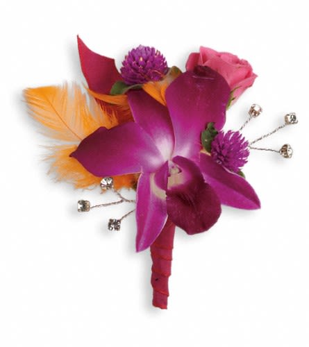 Purple orchid boutonniere with pink rose and orange feather accents