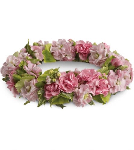 Pink and lavender flower lei with green accents