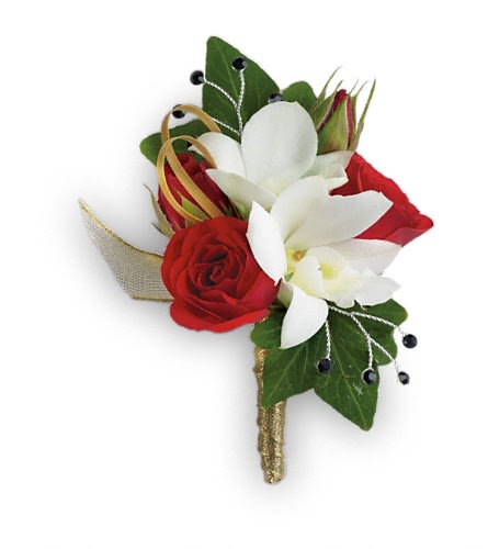 Red and white rose boutonniere with green leaves and gold ribbon