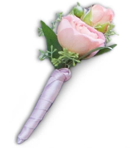Pink rose boutonniere with lavender ribbon wrap