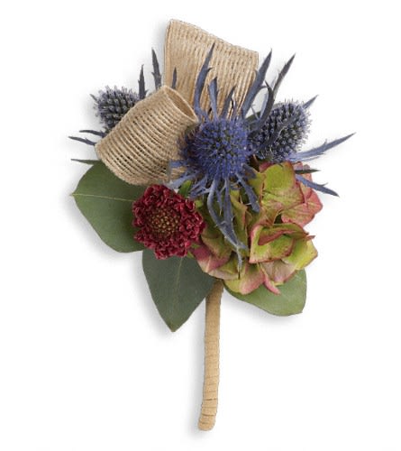 Small boutonniere with blue thistle, burgundy bloom, and hydrangea
