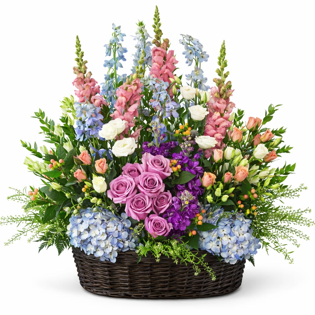 Large basket arrangement of roses, hydrangeas, and tall blue and pink blooms