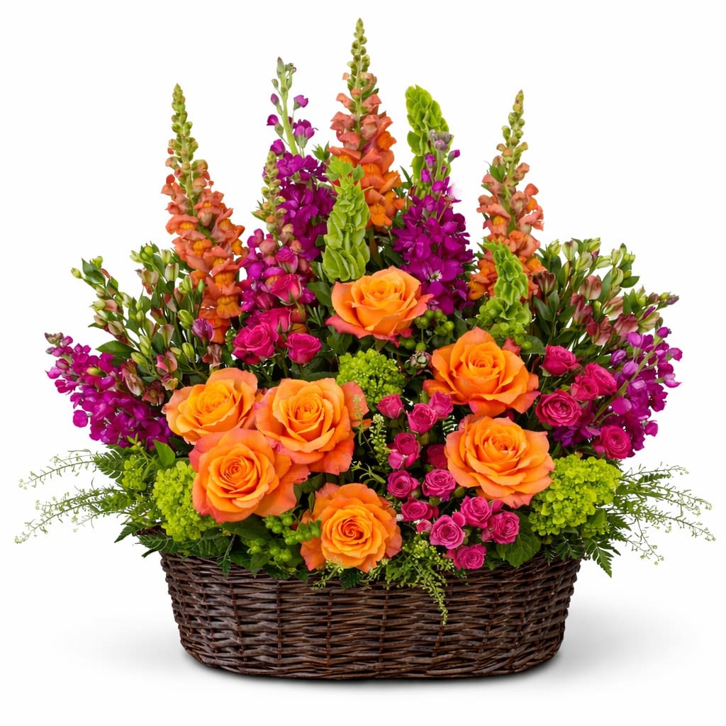 Basket arrangement of orange roses and purple flowers