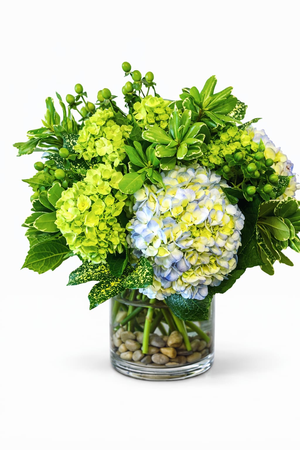 Green and blue hydrangea arrangement in a glass vase with pebbles