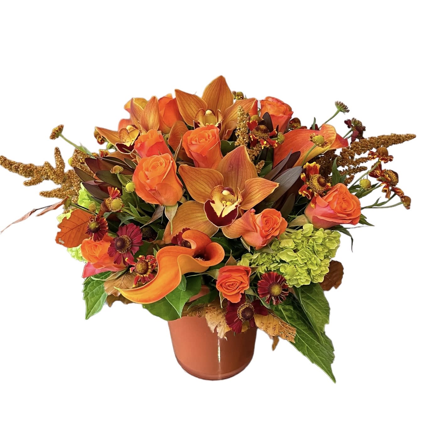 Autumn Bliss - Orange spray roses, green hydrangea, orange calla lilies, cymbidium orchids and more designed in an orange/fall color glass vase. As shown in the photo.