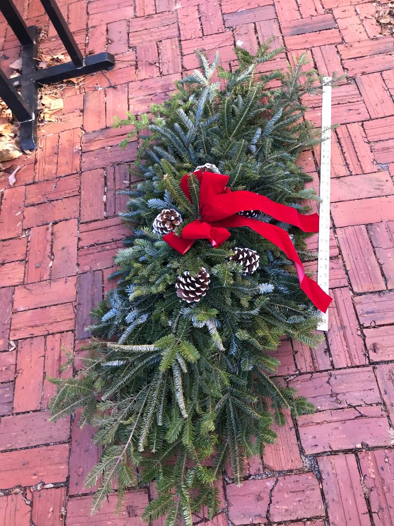 Remembrance Grave Blanket - A beautiful tribute, a 4.5' x 2.5'  fresh seasonal greenery for cemetery, decorated with pinecones and red velvet ribbon