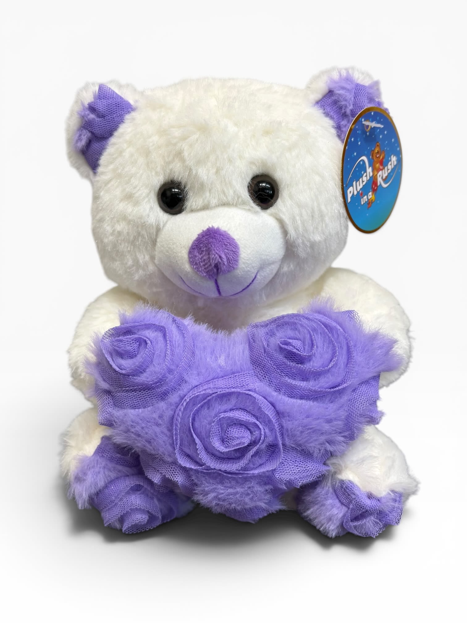 White Bear with Lavender Heart - Soft, white plush bear holding a lavender heart. Stands 7in tall.