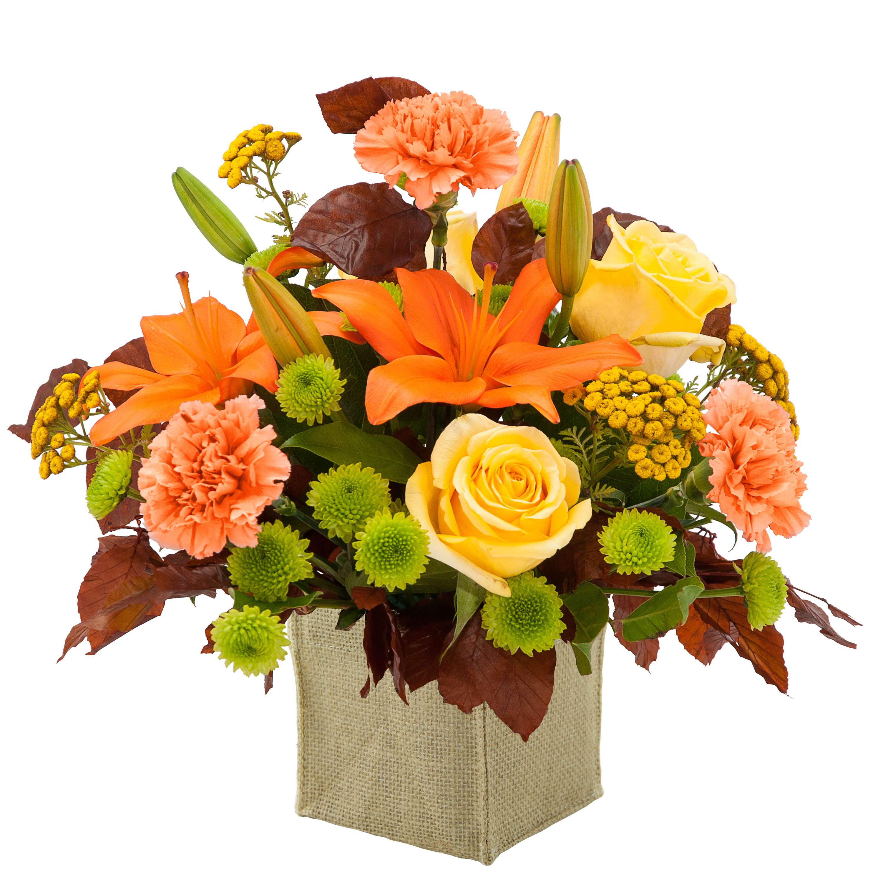 Autumn Prairie with Burlap - Warm color blooms are combined to make this a beautiful centerpiece. Approximately 9" wide by 9" high