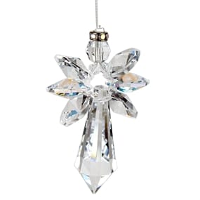 Faceted clear crystal angel ornament hanging from a thin cord
