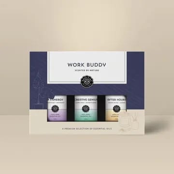 Boxed Work Buddy essential oils gift set with three small bottles in a navy and beige package