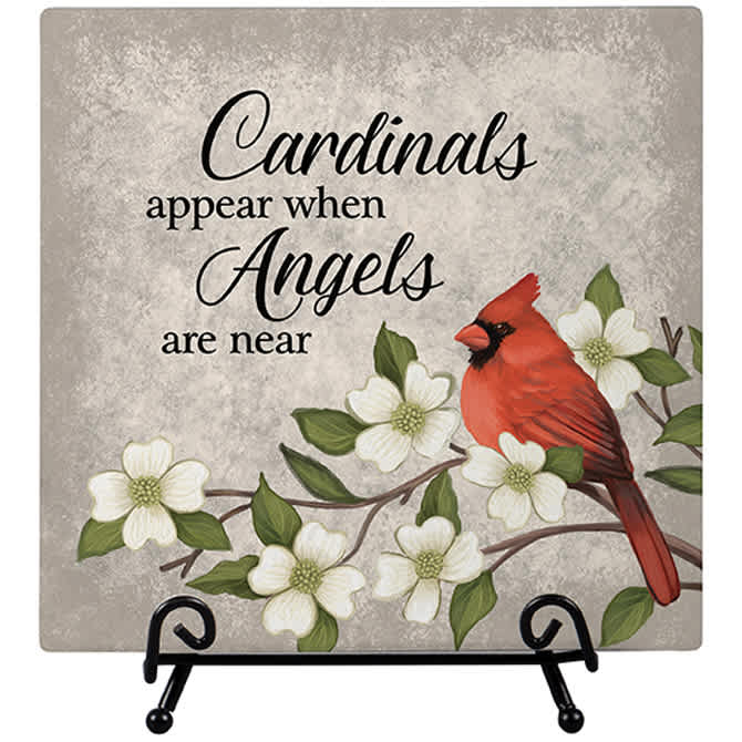 Decorative plaque with a cardinal, white flowers, and the text "Cardinals appear when Angels are near"