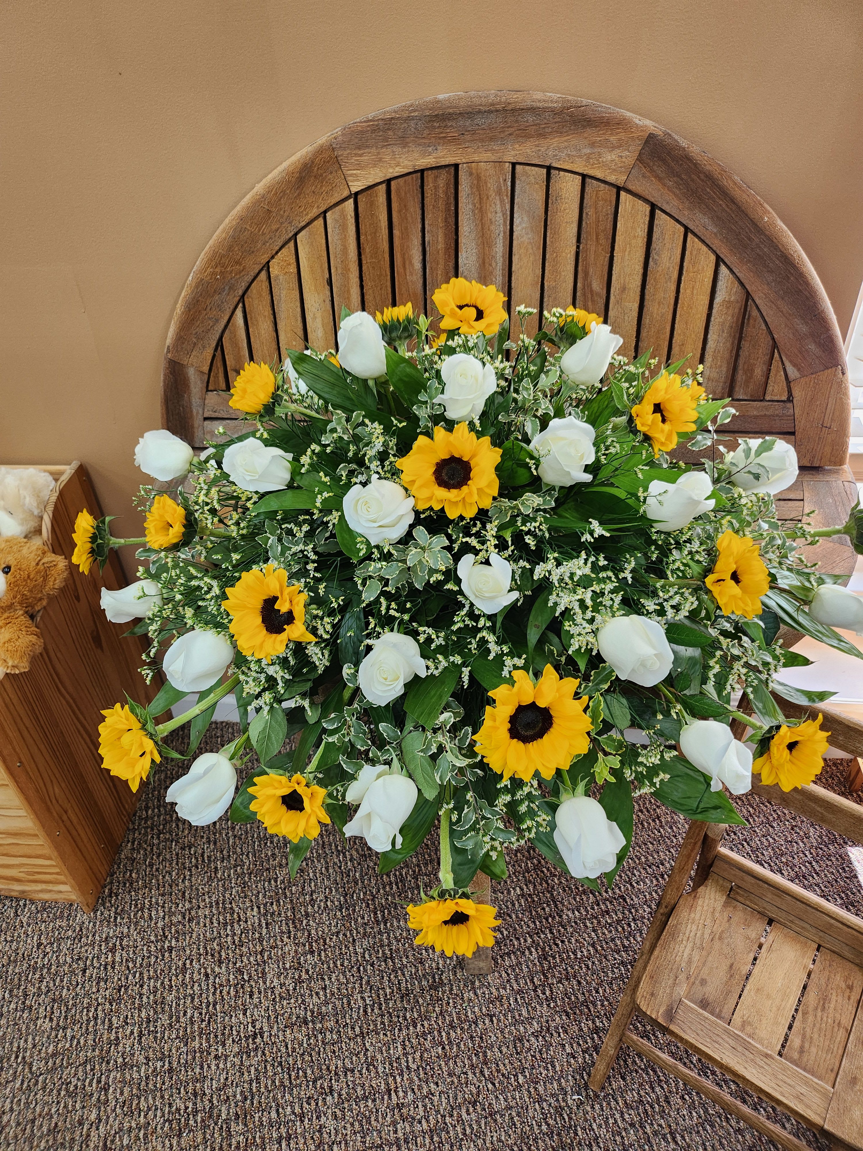 Casket Cover With Sunflowers And White Roses - Huntsville sympathy delivery - Casket cover with sunflowers, white roses, greenery and filler 