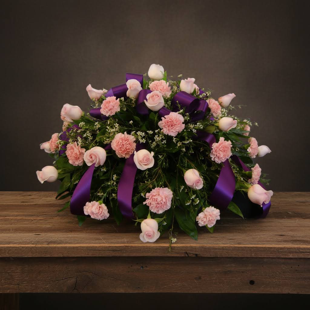Casket Cover in Pinks With Purple Ribbon - Huntsville sympathy delivery - Casket Cover in Pinks With Purple Ribbon