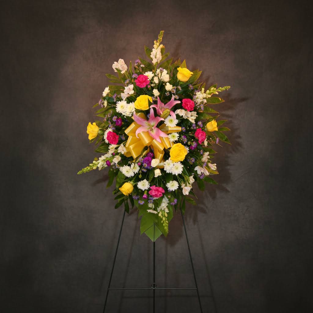 Standing floral spray with pink lilies, yellow roses, and a gold ribbon on an easel