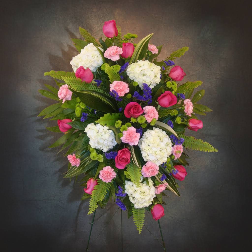Standing floral spray with pink roses, white hydrangeas, and carnations