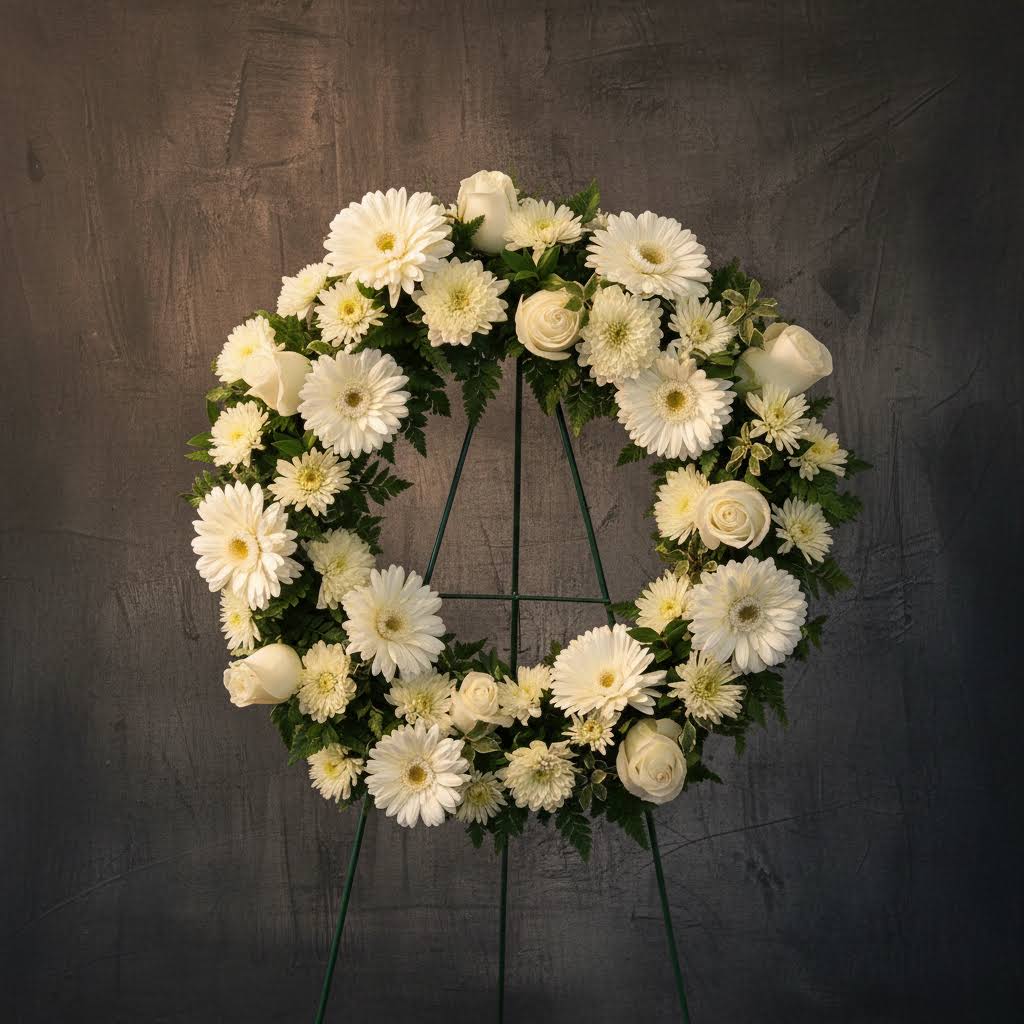 White floral wreath on a stand with daisies and roses