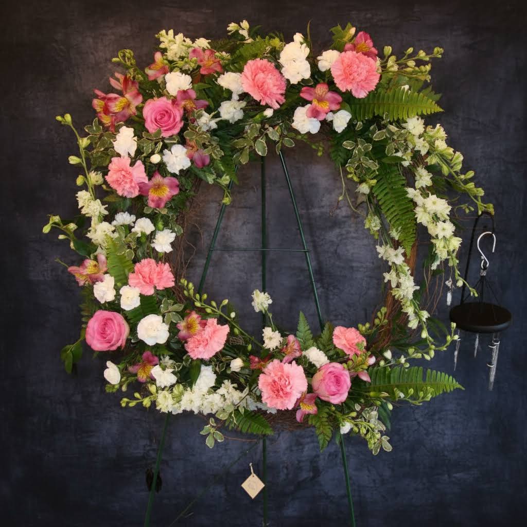 Pink and white floral wreath on a standing easel