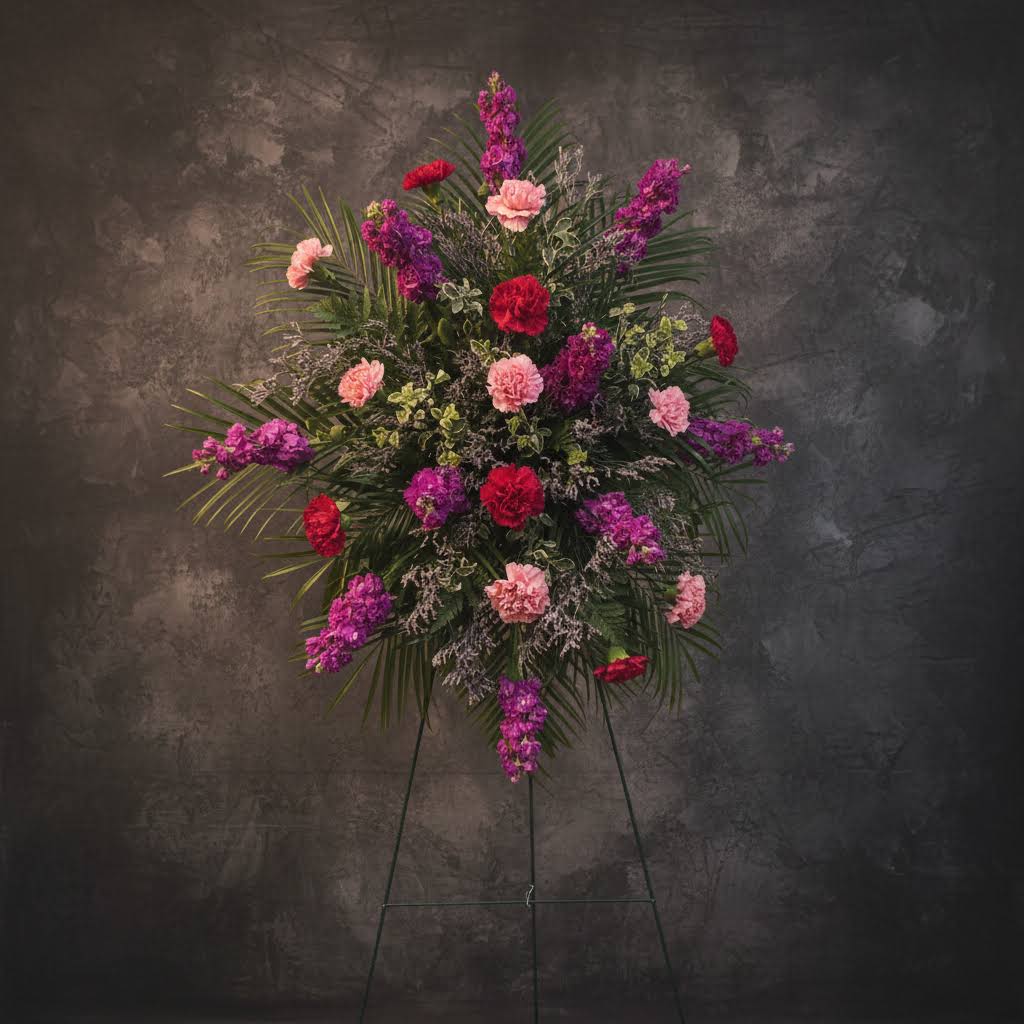 Standing floral spray with pink, purple, and red carnations on an easel