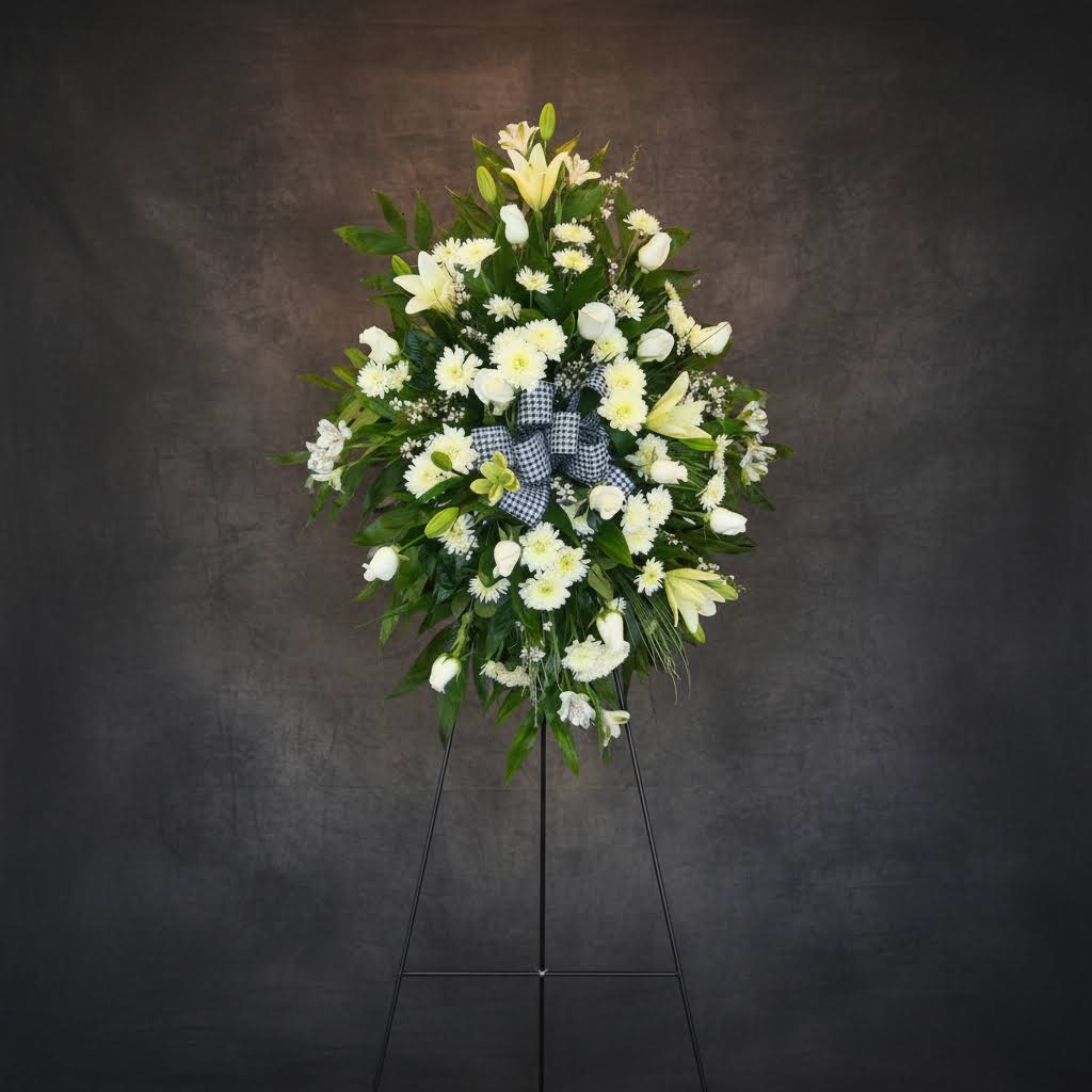White floral standing spray on an easel with a checkered ribbon