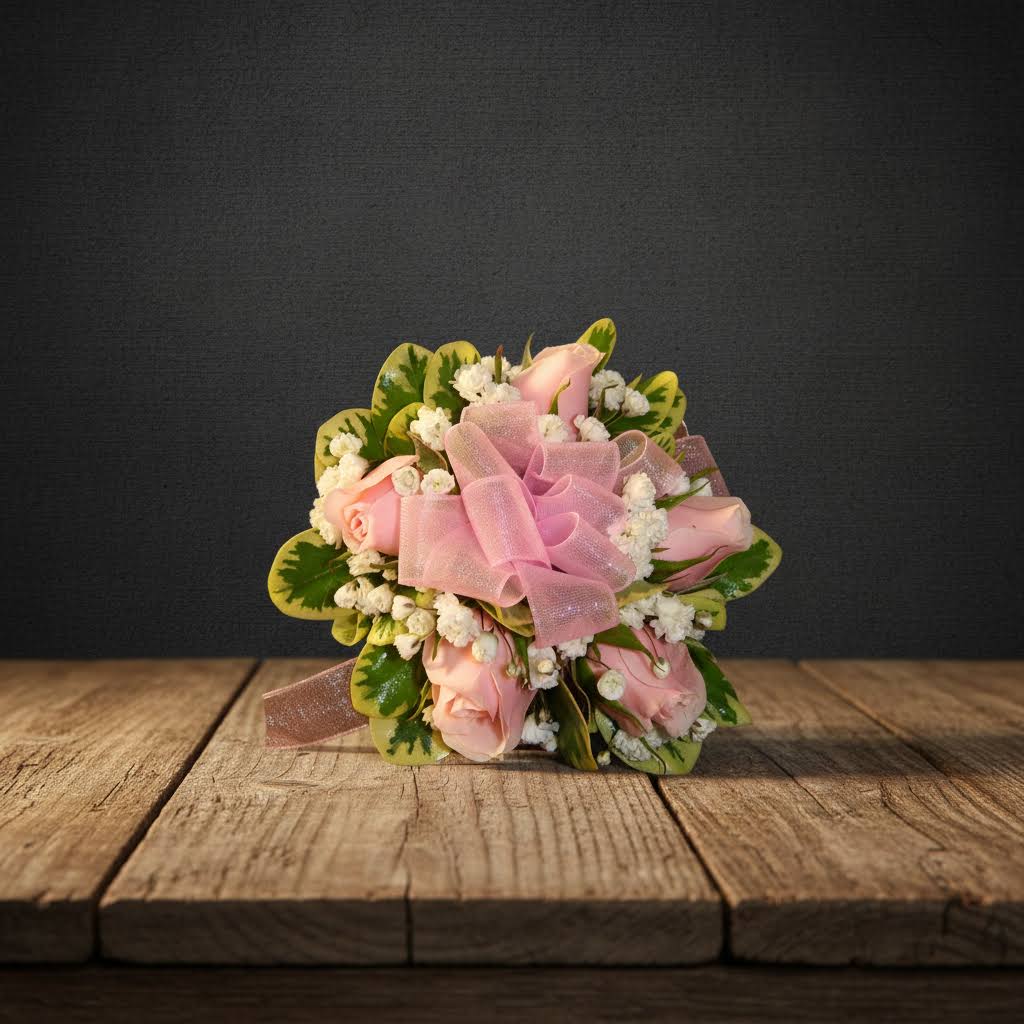 Pink rose bouquet with a sheer ribbon and white filler flowers