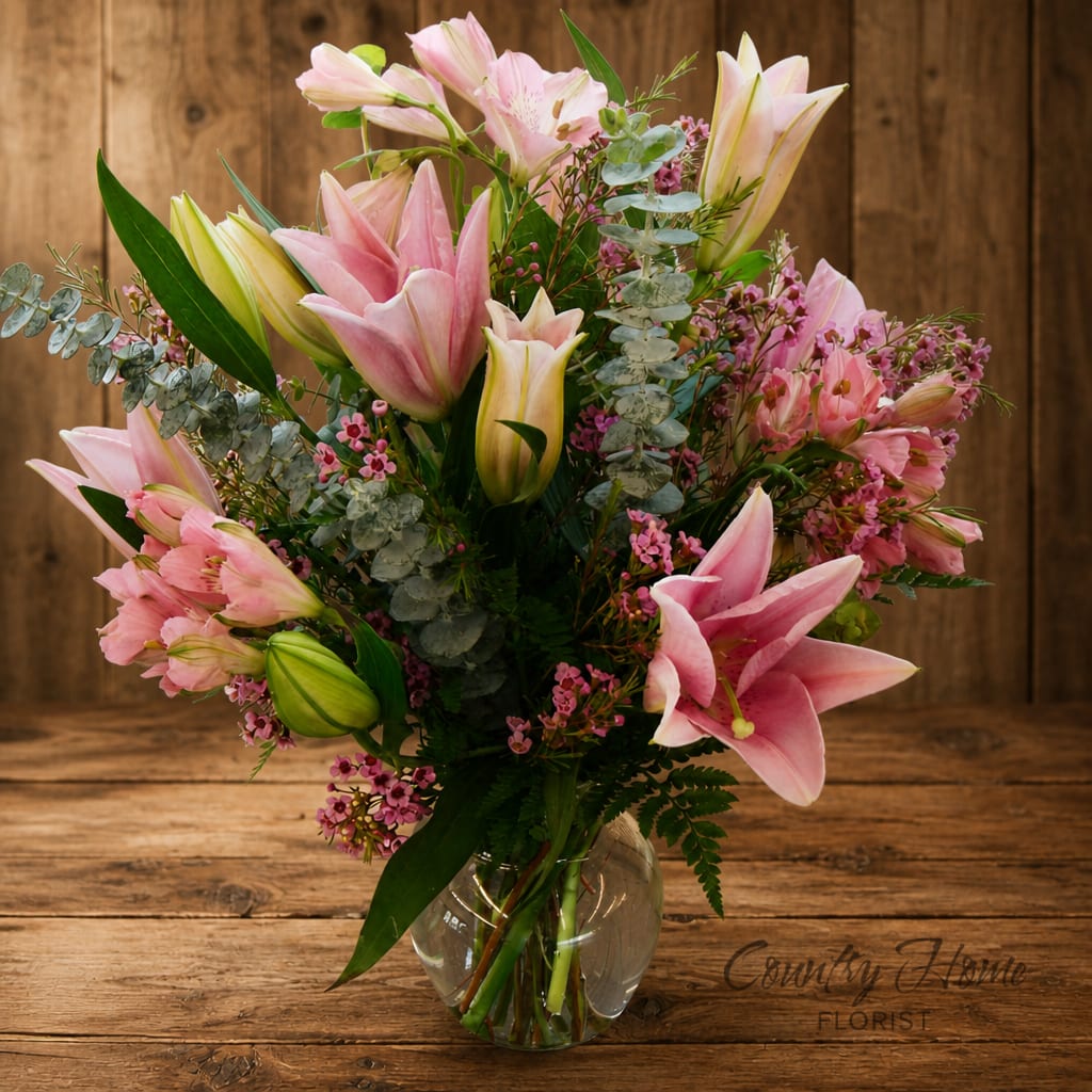 Pink lilies and small pink flowers arranged in a clear glass vase
