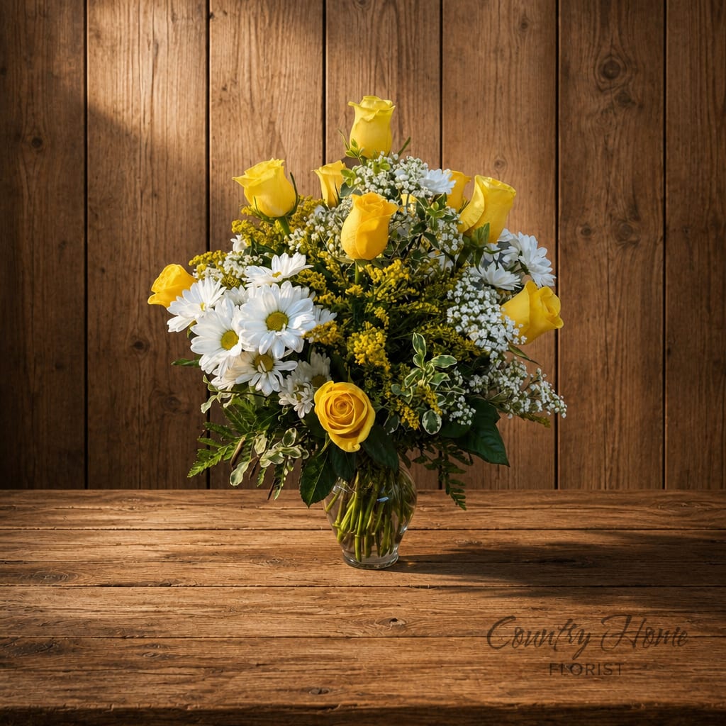 Yellow roses and white daisies arranged in a clear glass vase