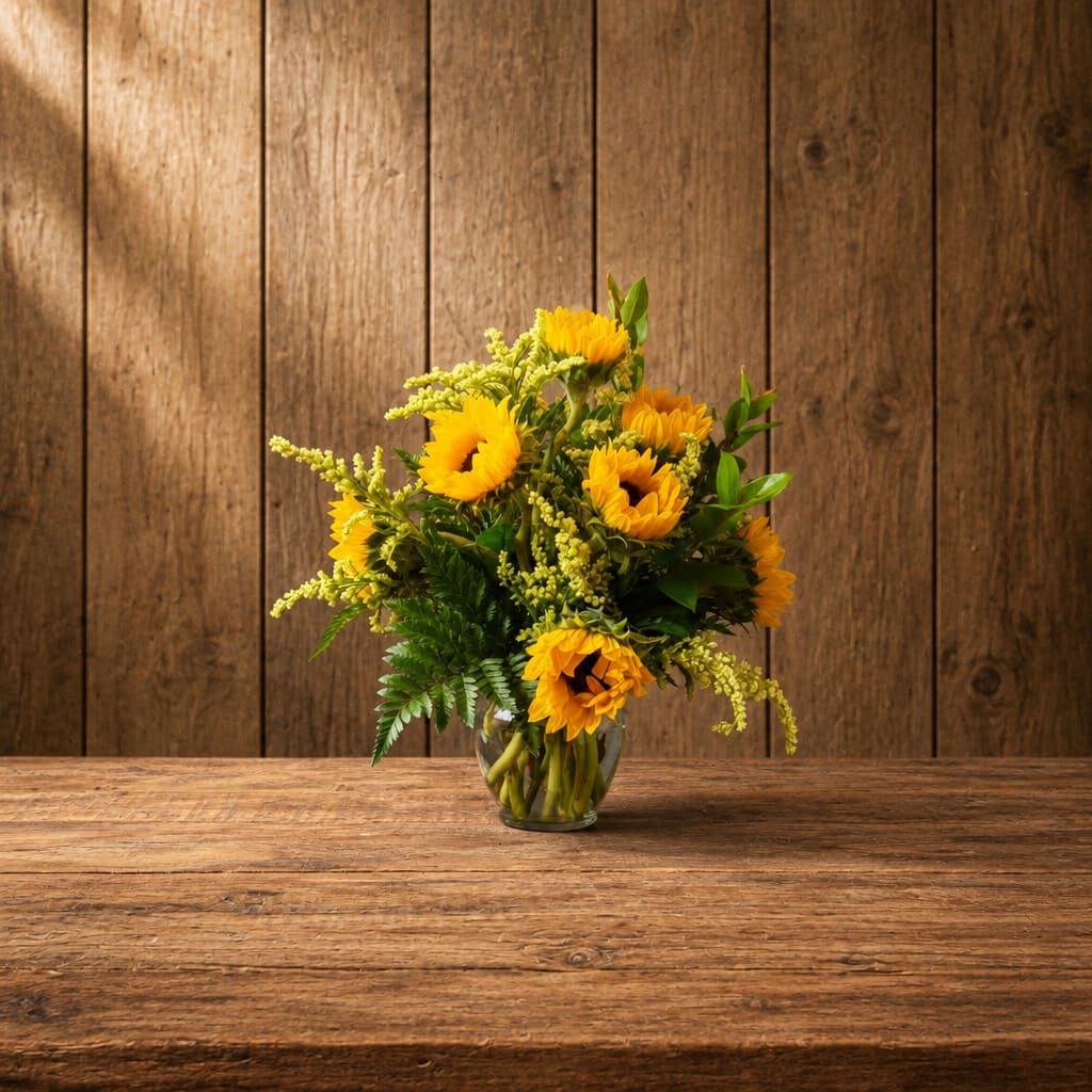 Sunflower bouquet in a clear glass vase on a wooden table