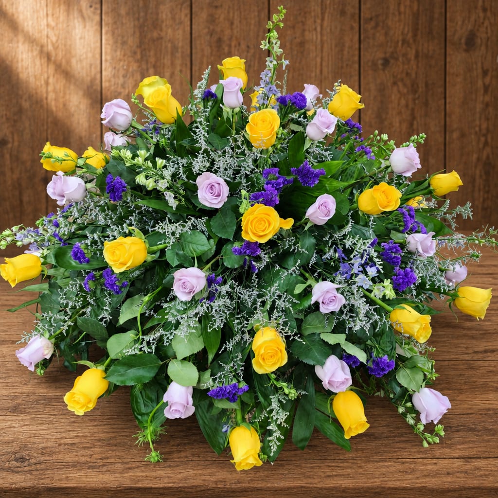 Bouquet of yellow and lavender roses with purple accents