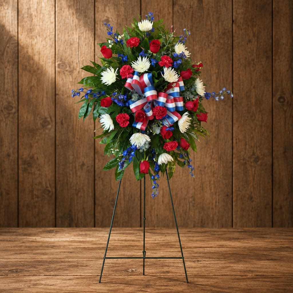 Standing floral wreath with red, white, and blue flowers on an easel