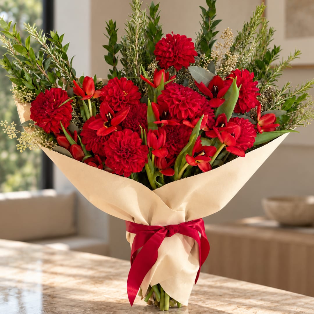 Red flower bouquet wrapped in beige paper with a red ribbon